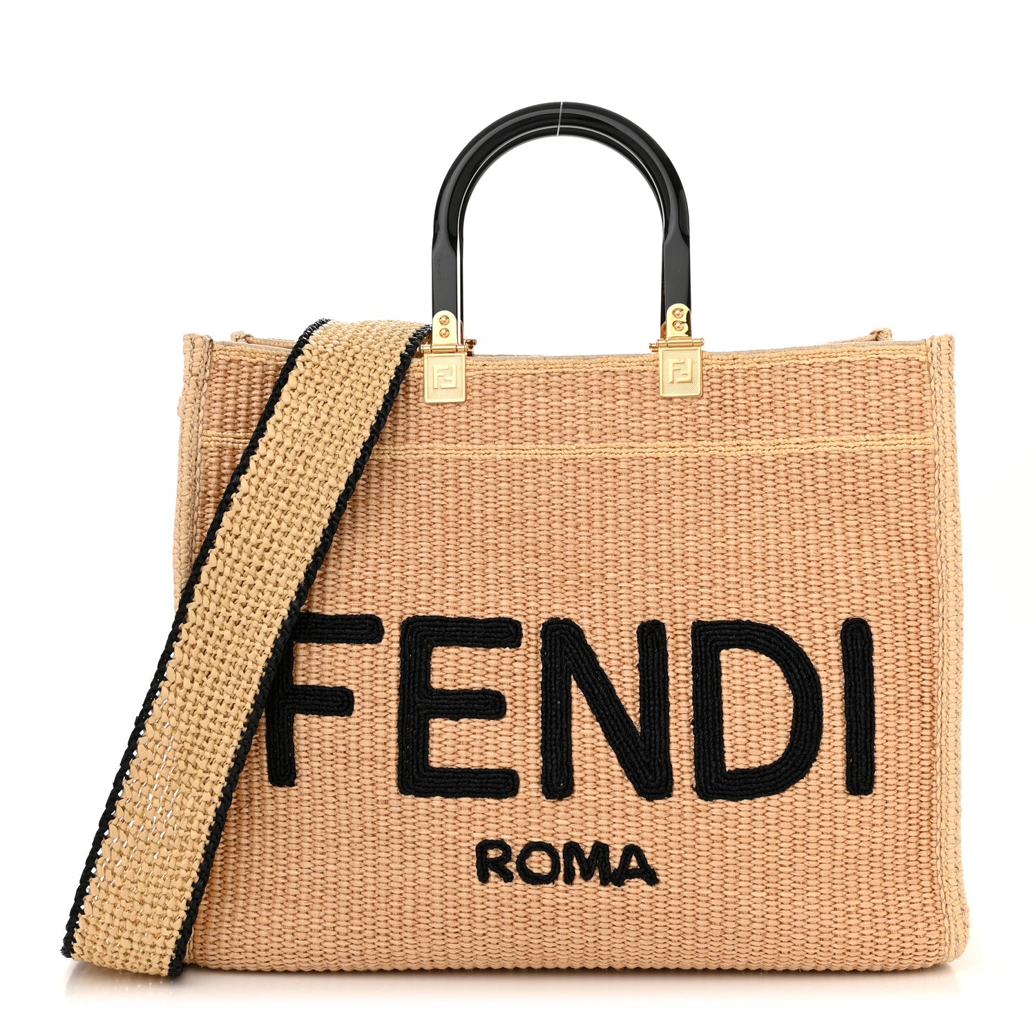 Fendi Straw Vitello King Plexiglass Woven Medium Fendi Sunshine Shopper Tote Natural Black 1 of 11