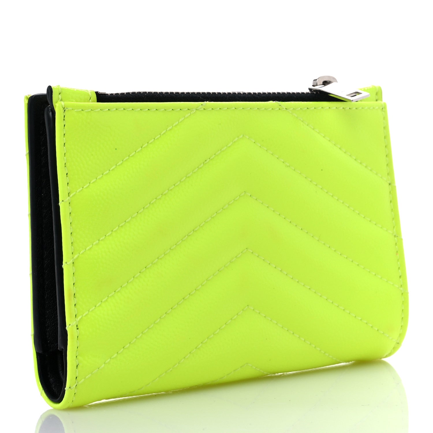 Saint Laurent Patent Grain De Poudre Matelasse Chevron Monogram Zipped Two-Part Wallet Neon Yellow 3 of 7