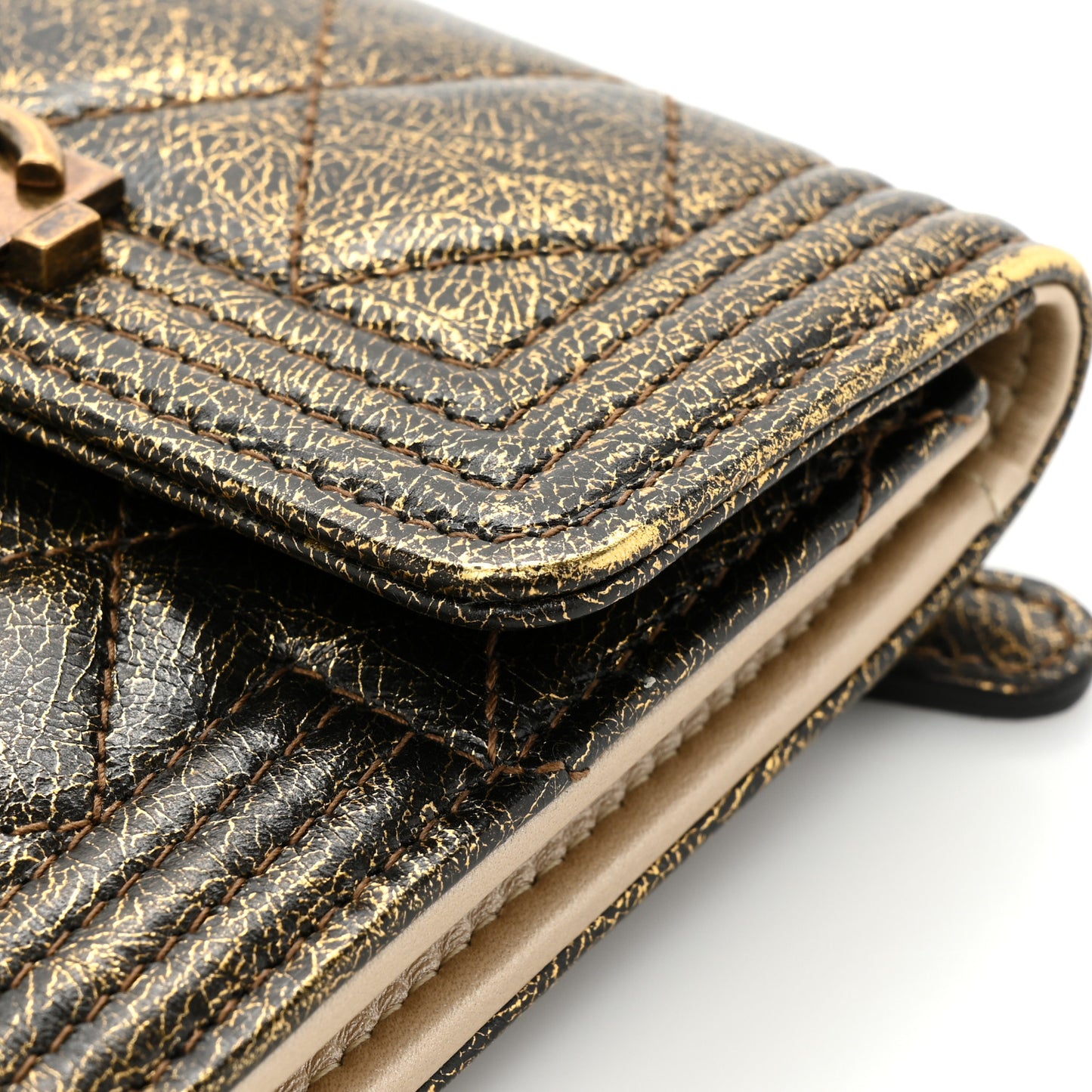 Cracked Metallic Calfskin Quilted Compact Boy Wallet Gold