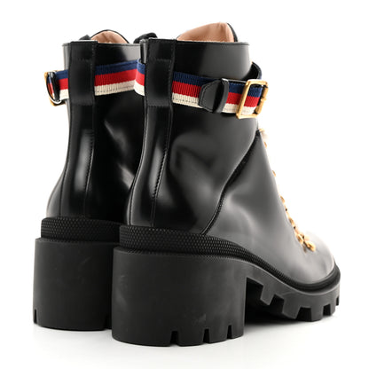 Gucci Calfskin Sylvie Web Womens Lace Up Combat Boots 38 Black 4 of 9