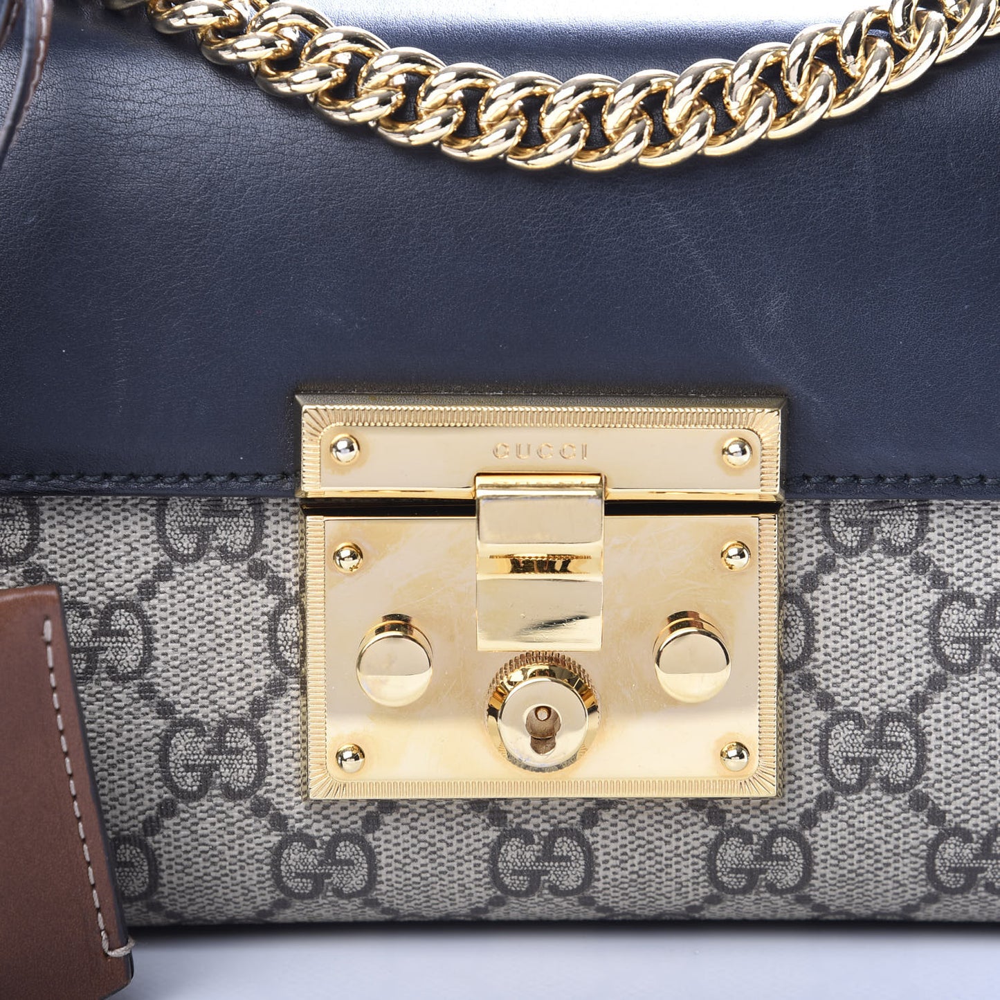 GG Supreme Monogram Calfskin Small Padlock Shoulder Bag Beige Black Cuir
