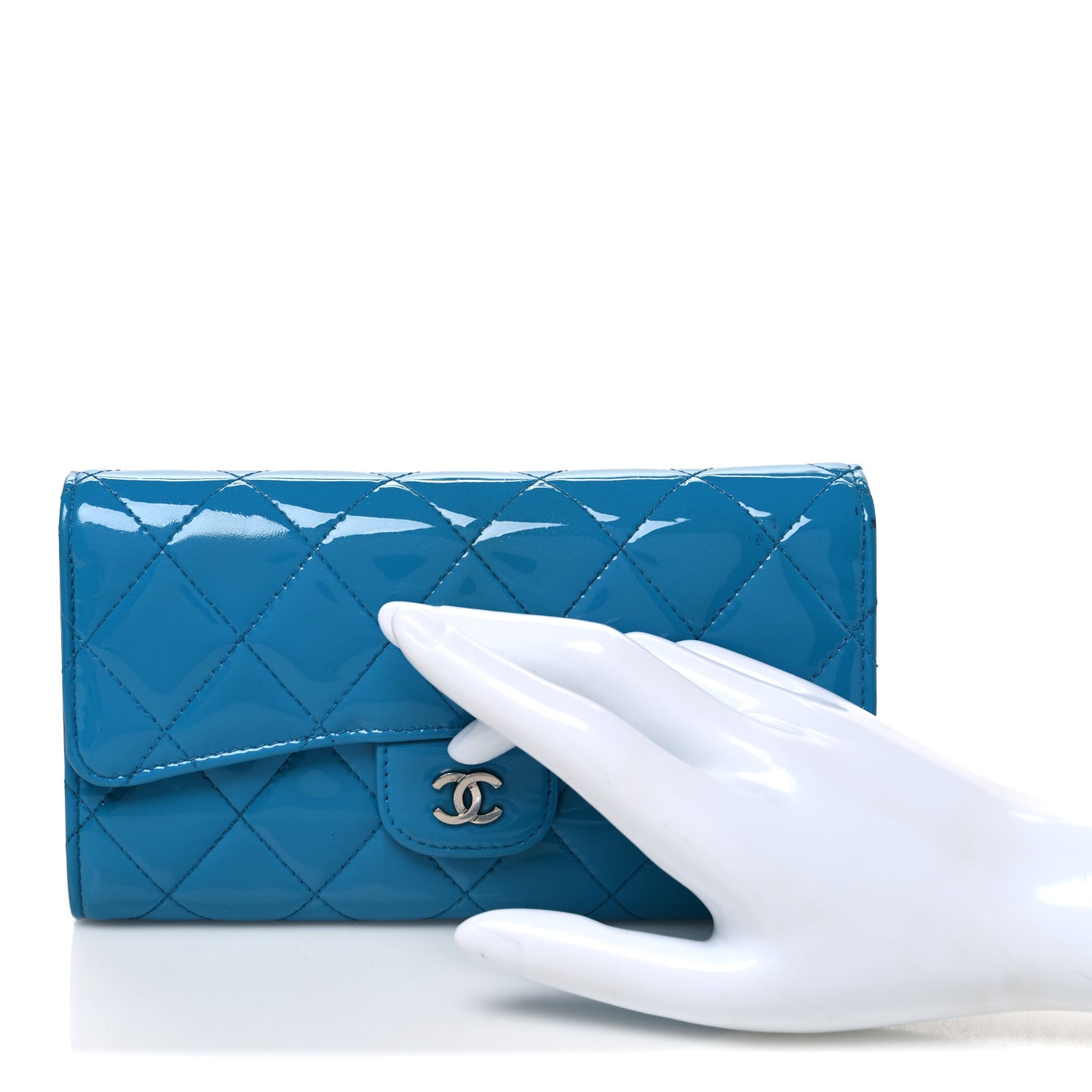 Patent Calfskin Quilted Large Flap Wallet Blue