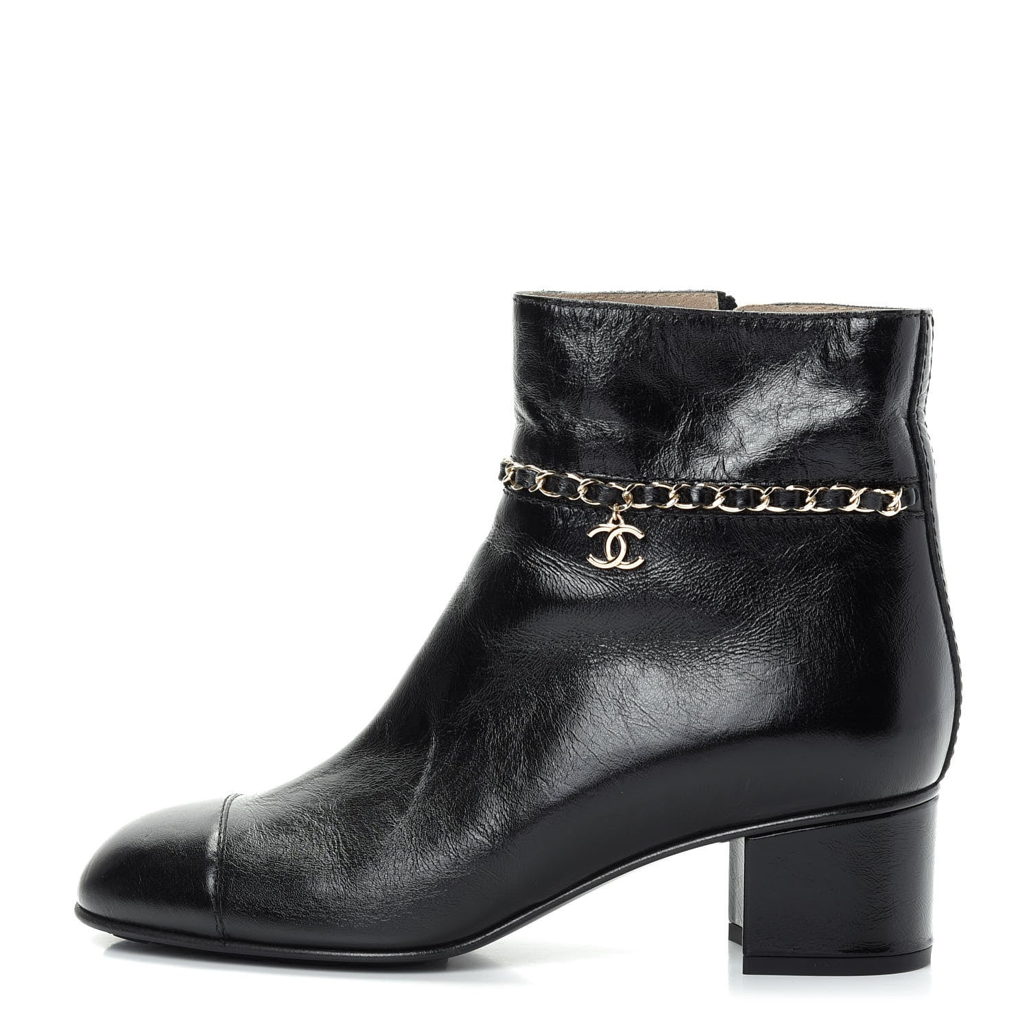 Chanel Crumpled Calfskin Cap Toe Chain Short Boots 39 Black 1 of 11