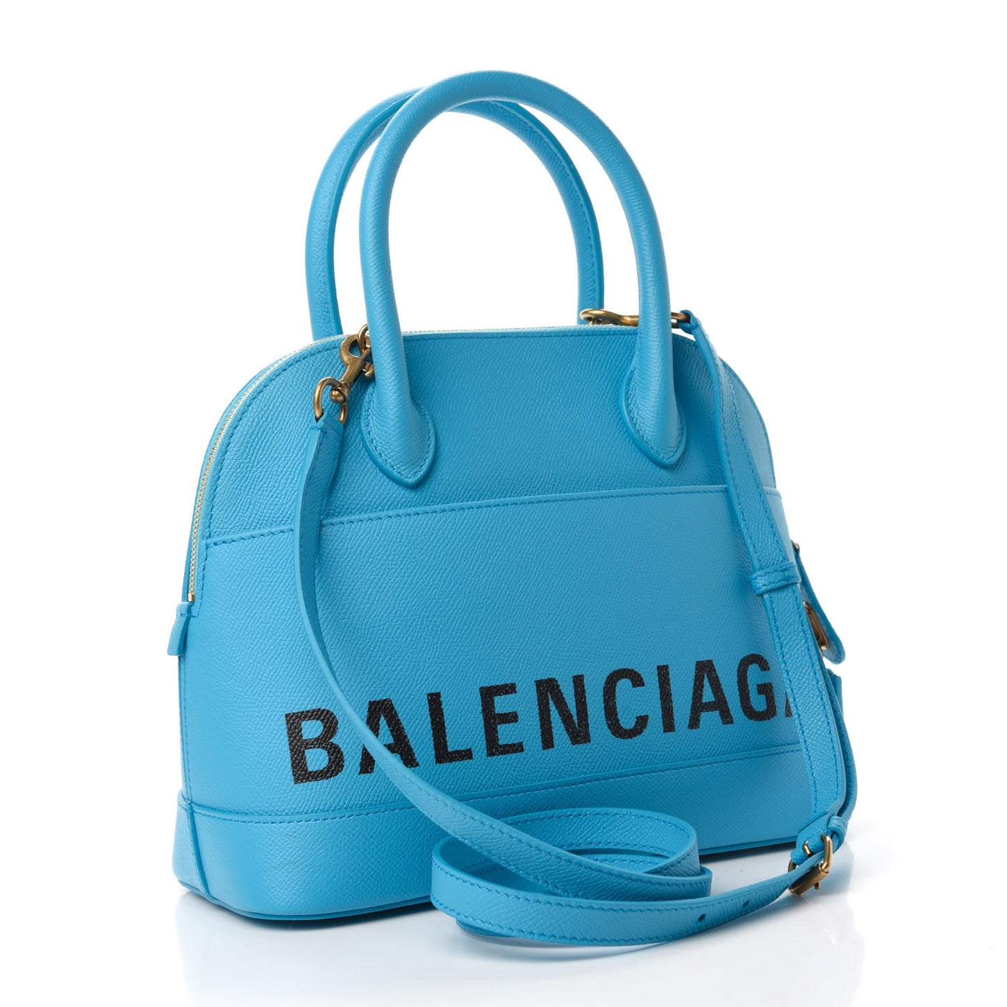 Signature Grained Calfskin Logo S Ville Top Handle Bag Bleu Turquoise
