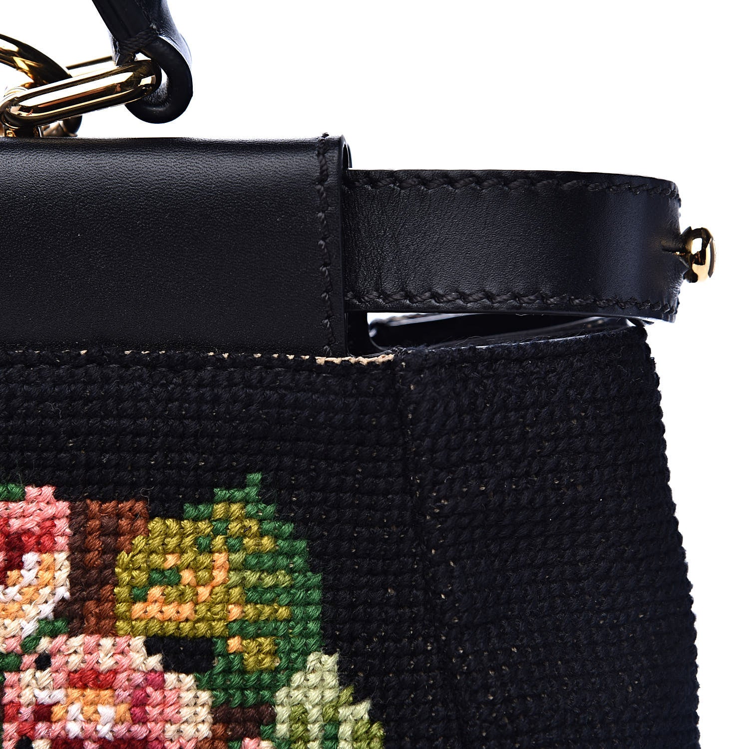 Fendi Canvas Embroidered Large Peekaboo Iconic Satchel Black Multicolor 10 of 12