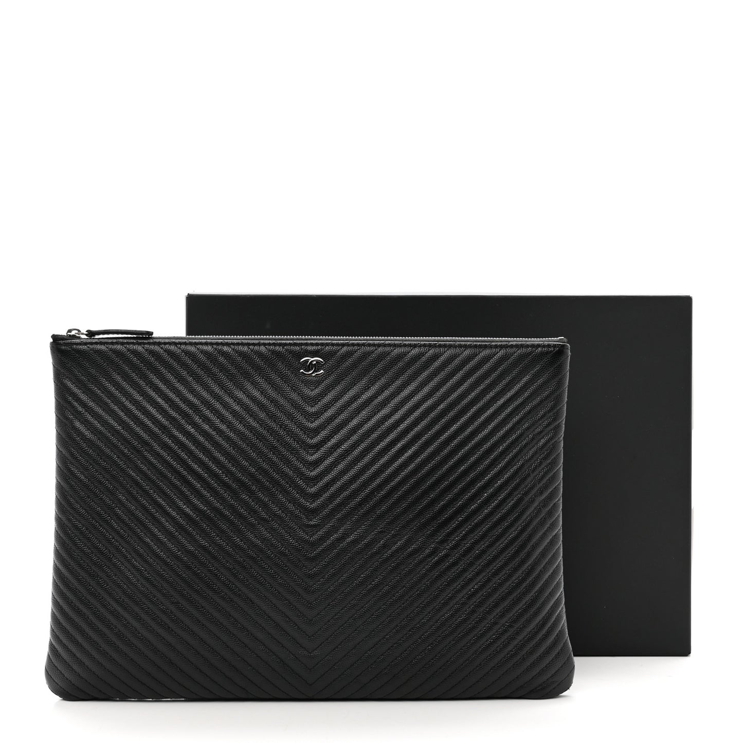 Caviar Chevron Quilted Large Cosmetic Case Black