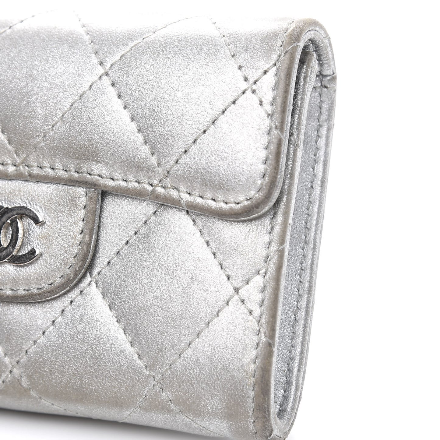 Metallic Lambskin Quilted Flap Card Holder Wallet Silver