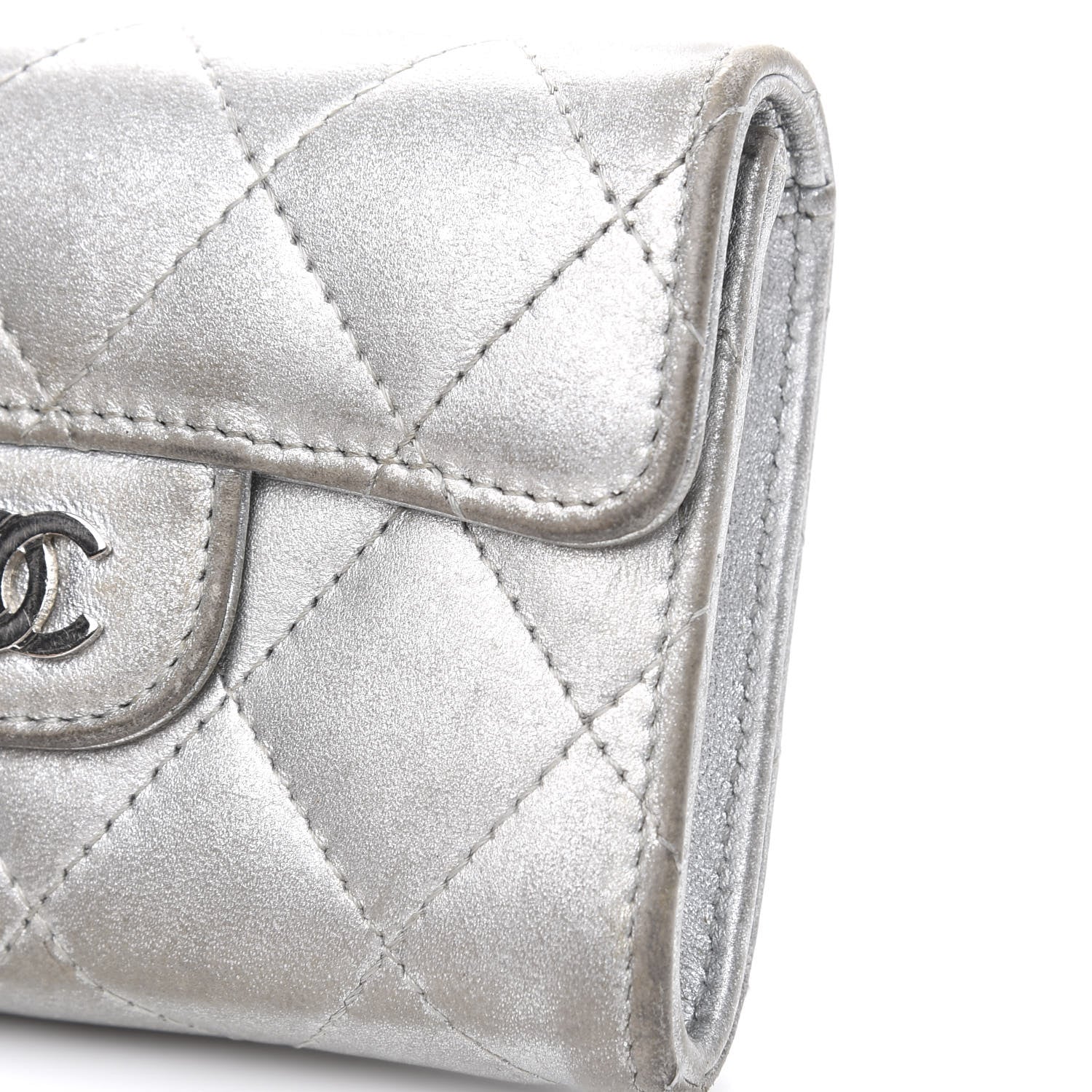 Chanel Metallic Lambskin Quilted Flap Card Holder Wallet Silver 10 of 12