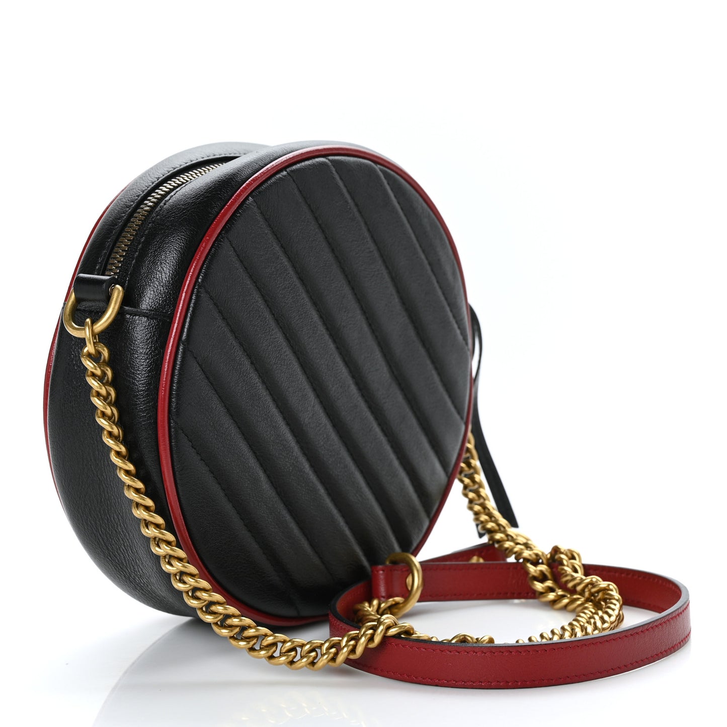 Vintage Effect Calfskin Matelasse Diagonal Mini Torchon GG Marmont Round Shoulder Bag Black Romantic Cherry