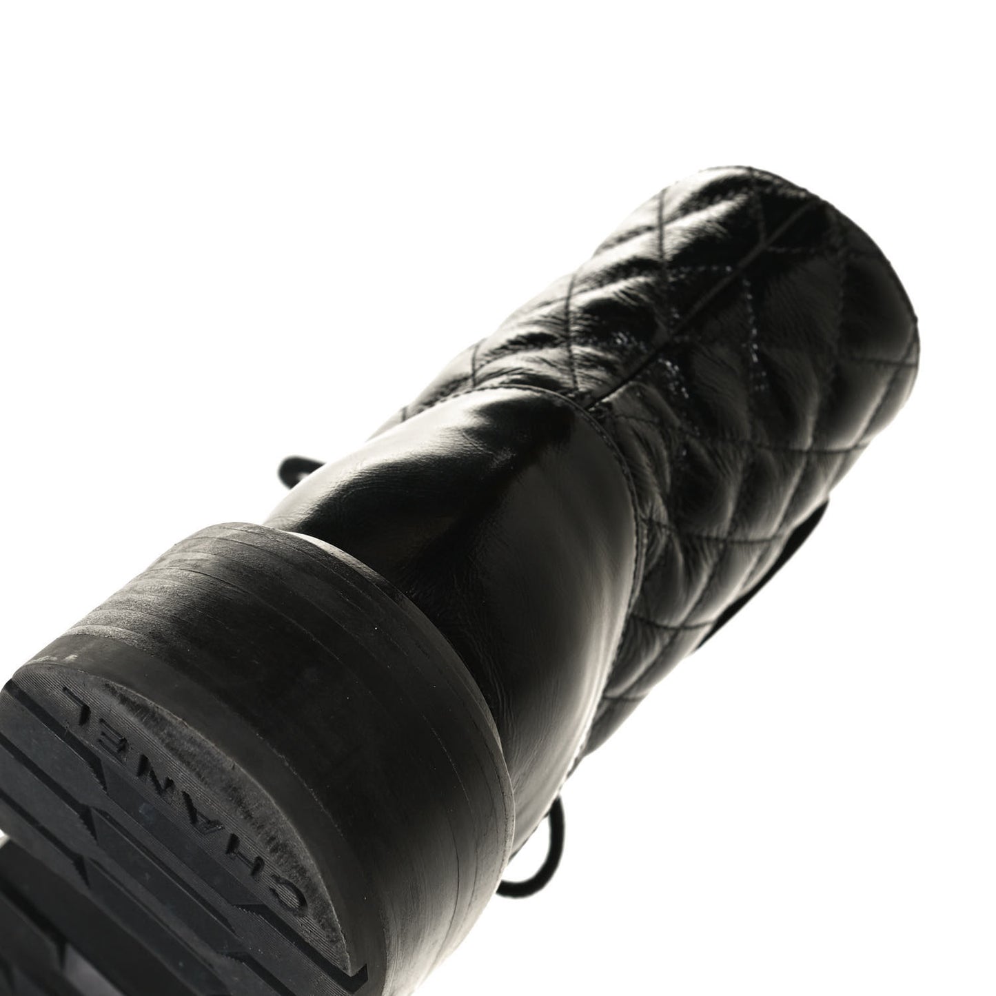 Shiny Calfskin Quilted Lace Up Combat Boots 35.5 Black