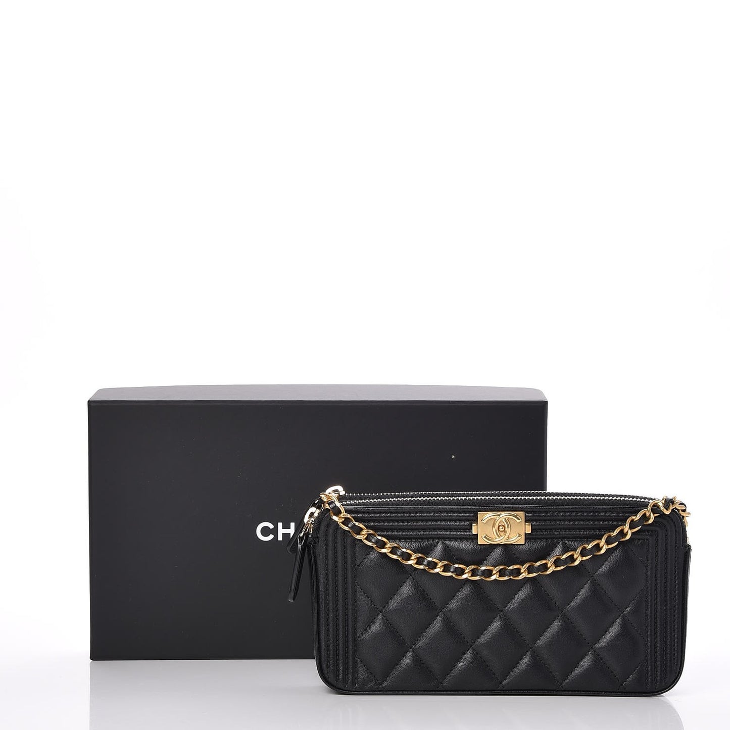 Lambskin Quilted Small Boy Clutch With Chain Black