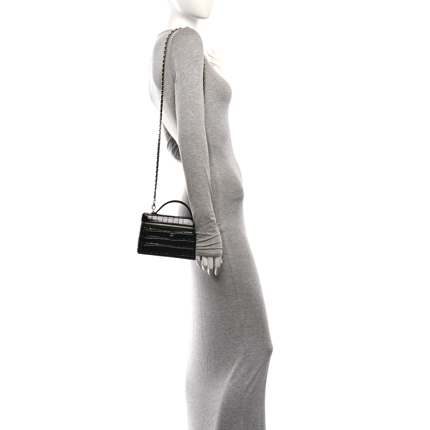 Chanel Calfskin Crocodile Embossed Crococo Top Handle Slim Vanity Case With Chain Black 2 of 11