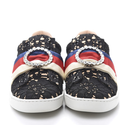 Gucci Lace Crystal Sylvie Web Flower Leaf Womens Ace Sneakers 35.5 Black Tan Beige 2 of 11