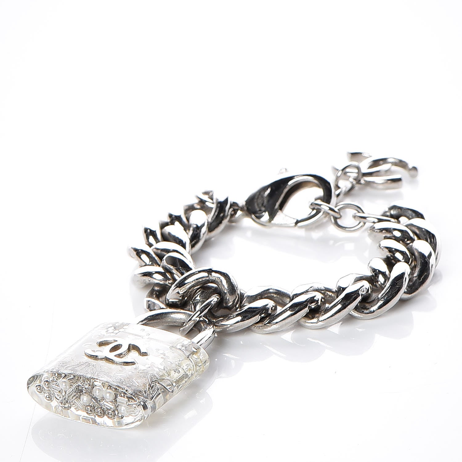 Chanel Plexiglass Pearl CC Padlock Bracelet Silver 1 of 5
