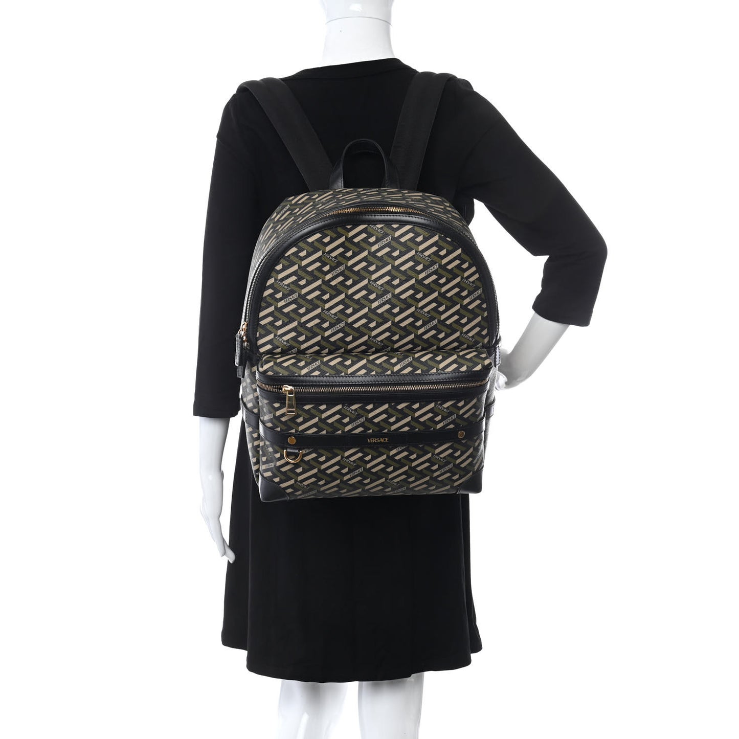 Coated Canvas Calfskin La Greca Signature Backpack Black Khaki