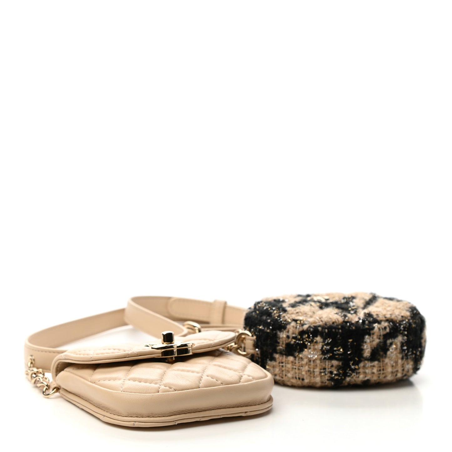 Tweed Lambskin Quilted Waist Bag With Coin Purse Beige