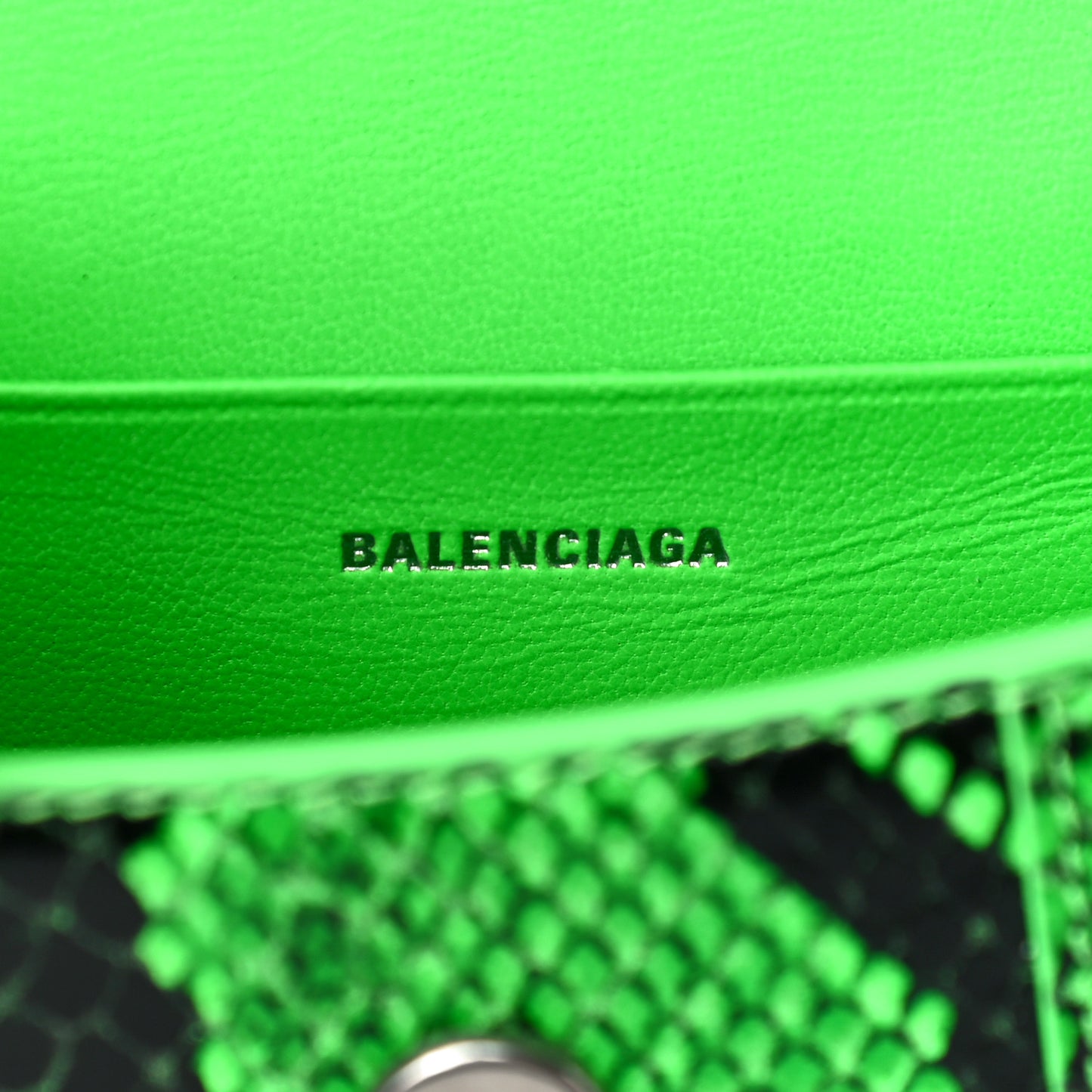 Shiny Calfskin Python Effect Hourglass Top Handle Bag Mini Fluo Green Black