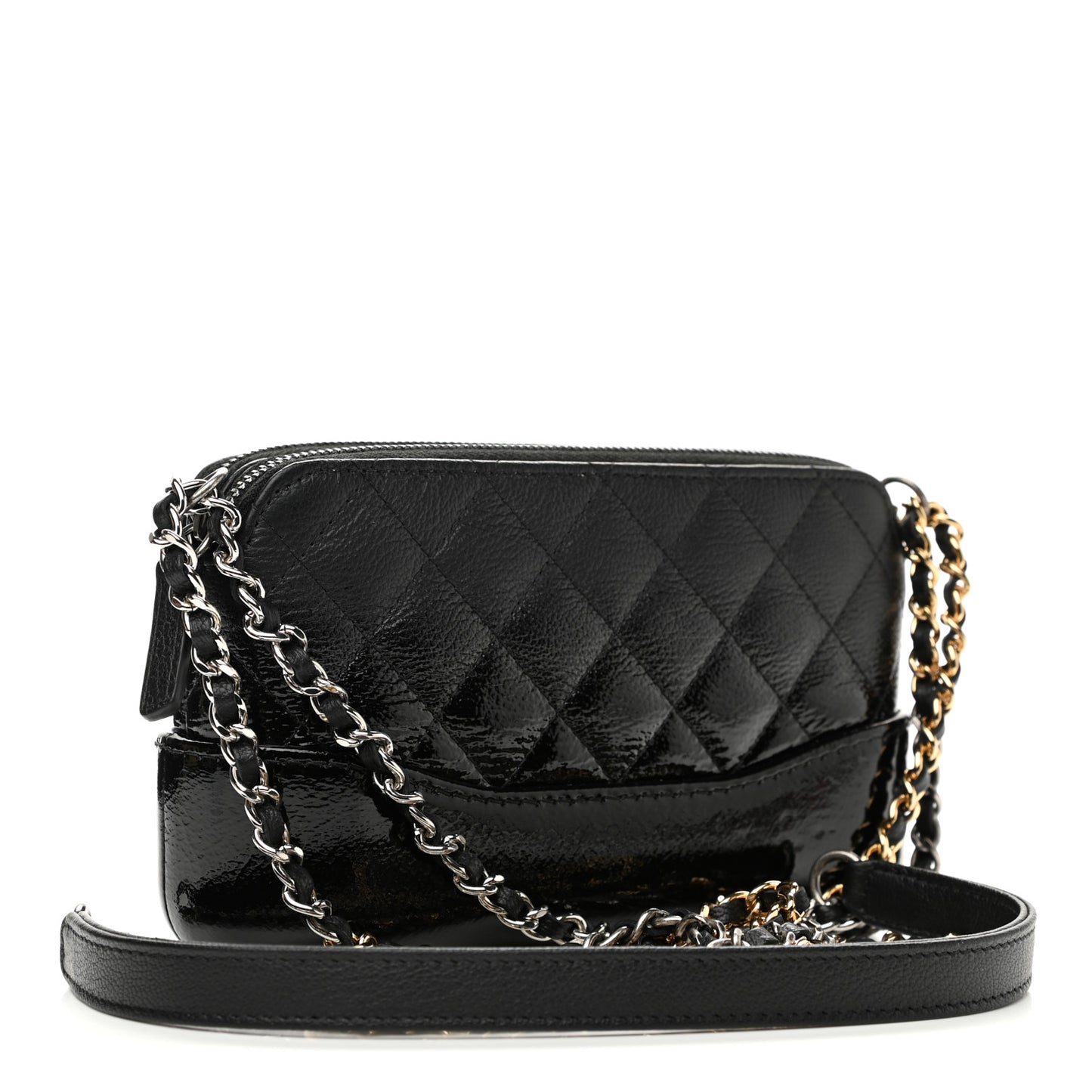 Patent Goatskin Quilted Small Gabrielle Clutch With Chain Black