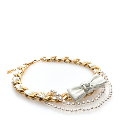 Chanel Calfskin Crystal Pearl Chain Camellia Belt White Gold 1 of 4