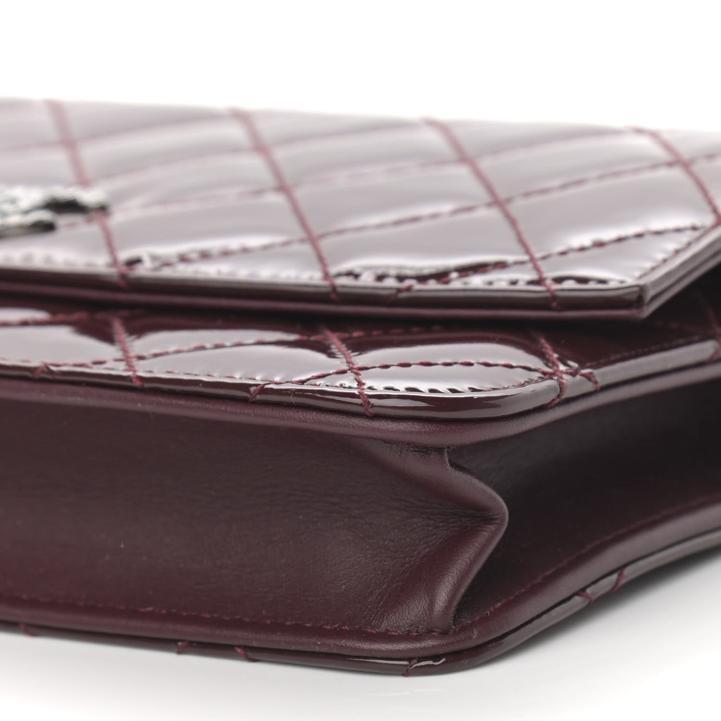 Patent Quilted Brilliant Wallet On Chain WOC Dark Burgundy