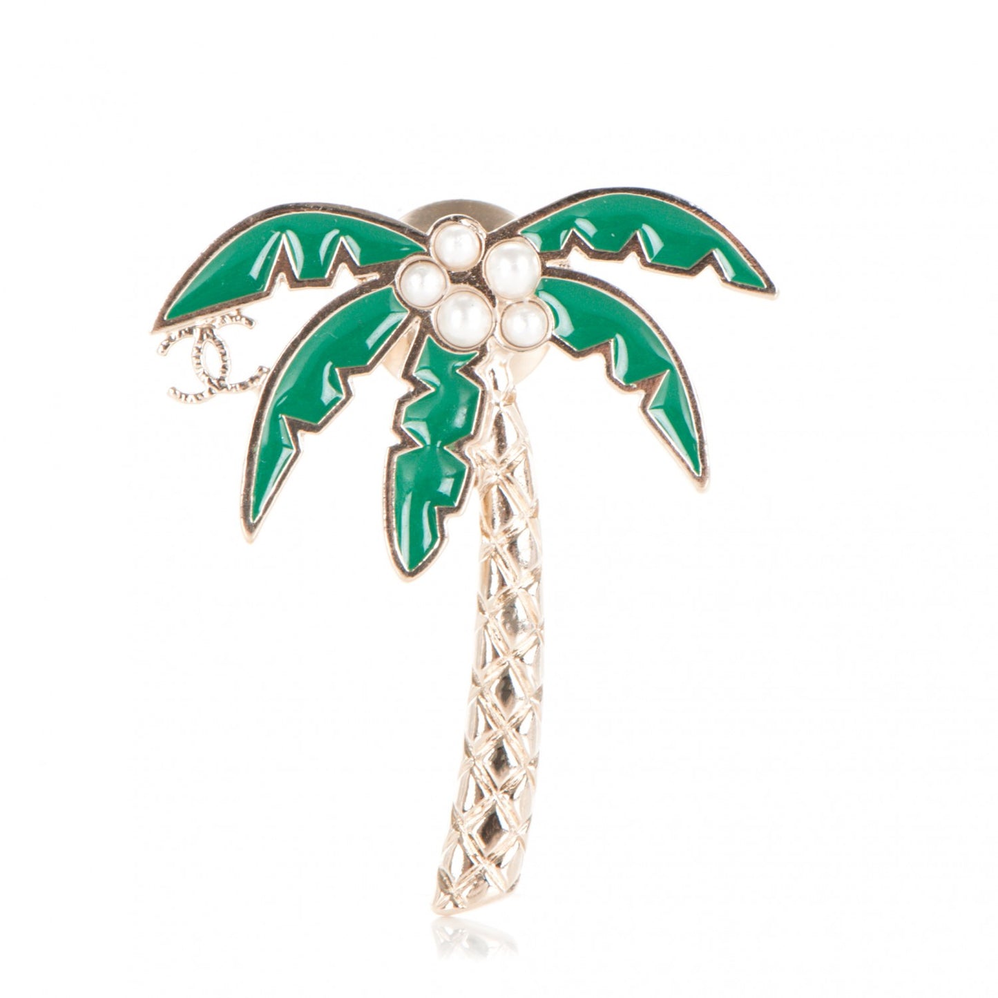 Enamel Pearl Palm Tree Brooch Green Gold