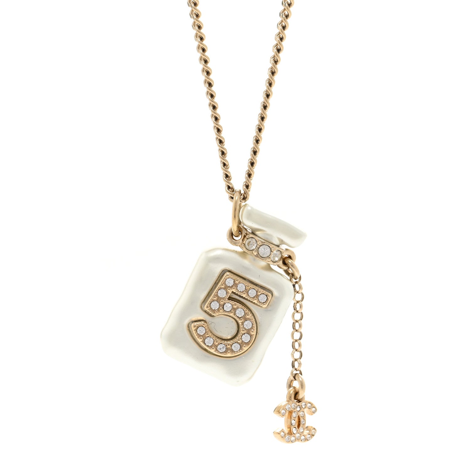 Chanel Crystal Pearl CC No. 5 Perfume Bottle Necklace White Gold 4 of 6