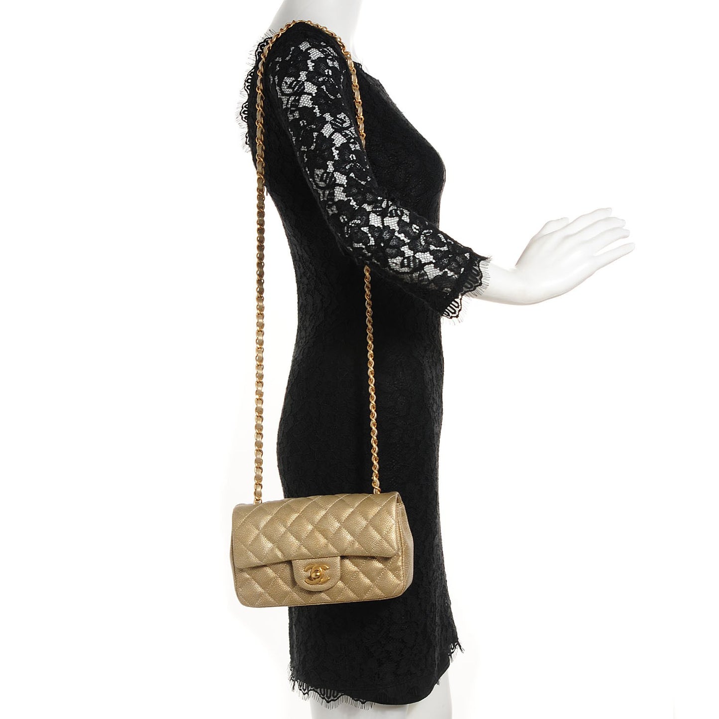 Pearly Caviar Quilted Mini Rectangular Flap Gold