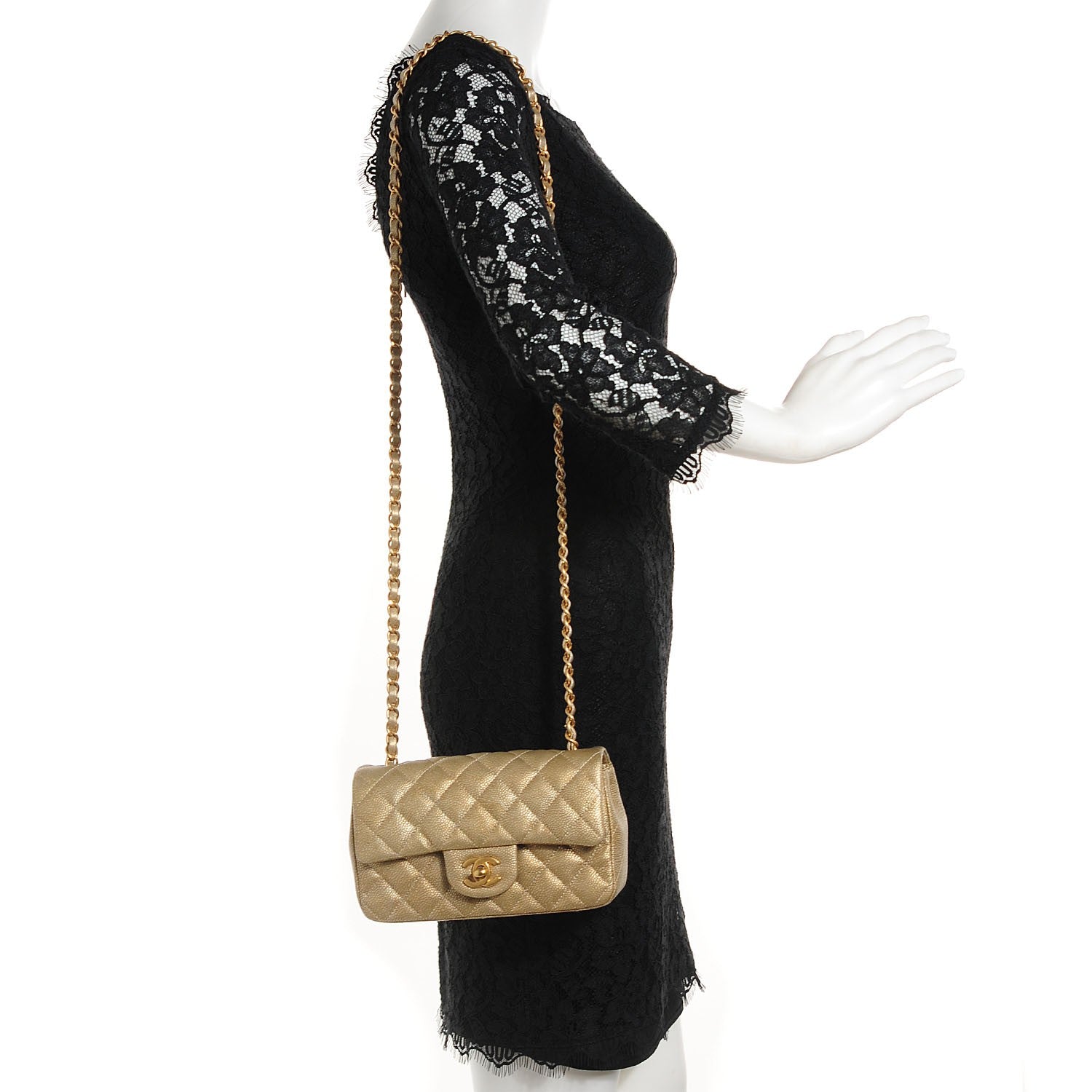 Chanel Pearly Caviar Quilted Mini Rectangular Flap Gold 2 of 9