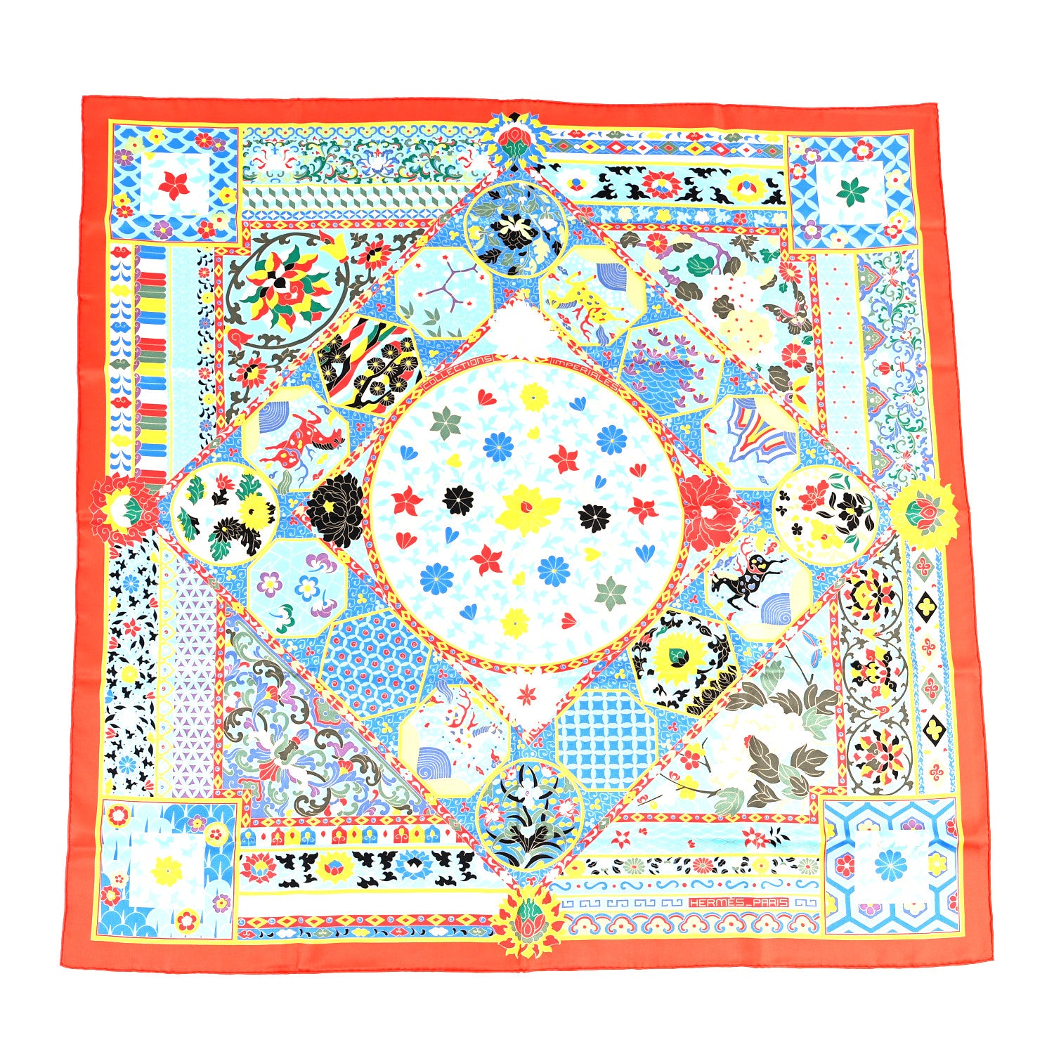 Hermes Silk Collections Imperiales Scarf 90 Rouge Bleu Jaune 1 of 3