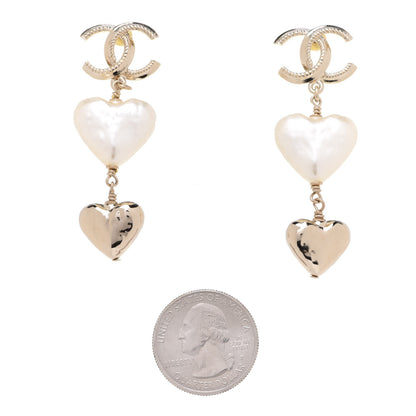 Chanel Pearl CC Double Heart Drop Earrings Gold 2 of 5