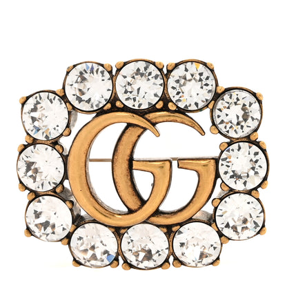 Gucci Metal Crystal Double G Brooch Aged Gold 1 of 4