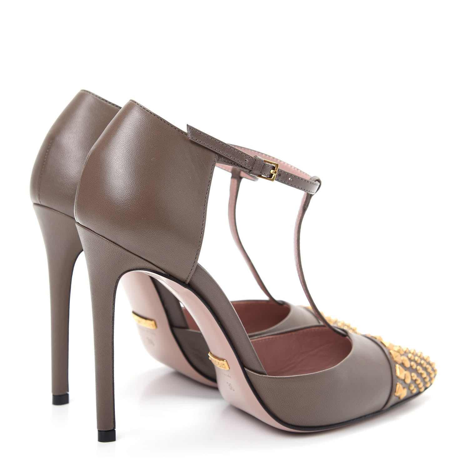 Gucci Malaga Kid Studded Cap Toe T Strap Pumps 36 Grey Field 4 of 10