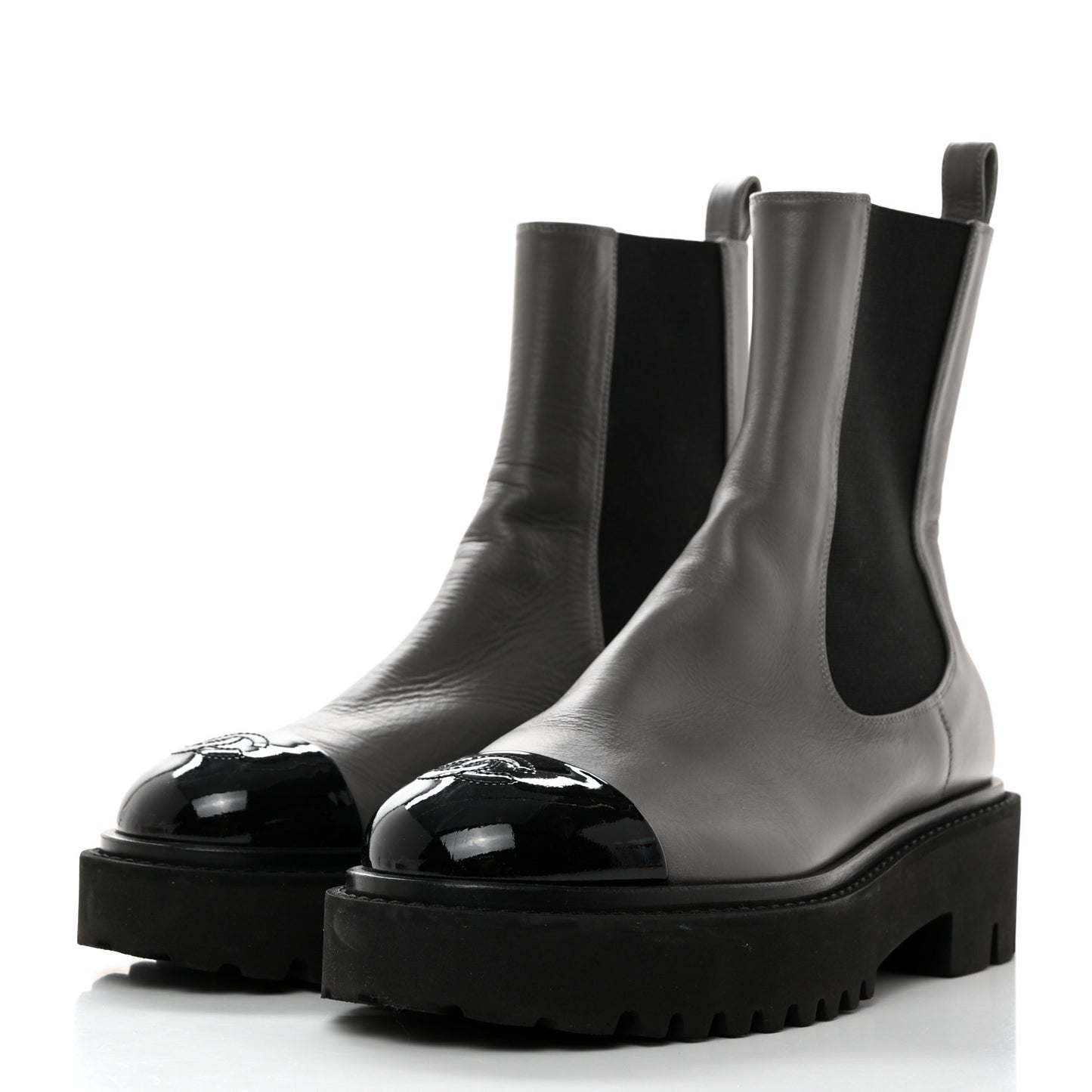 Crumpled Calfskin Patent Cap Toe Short Boots 38 Dark Grey Black