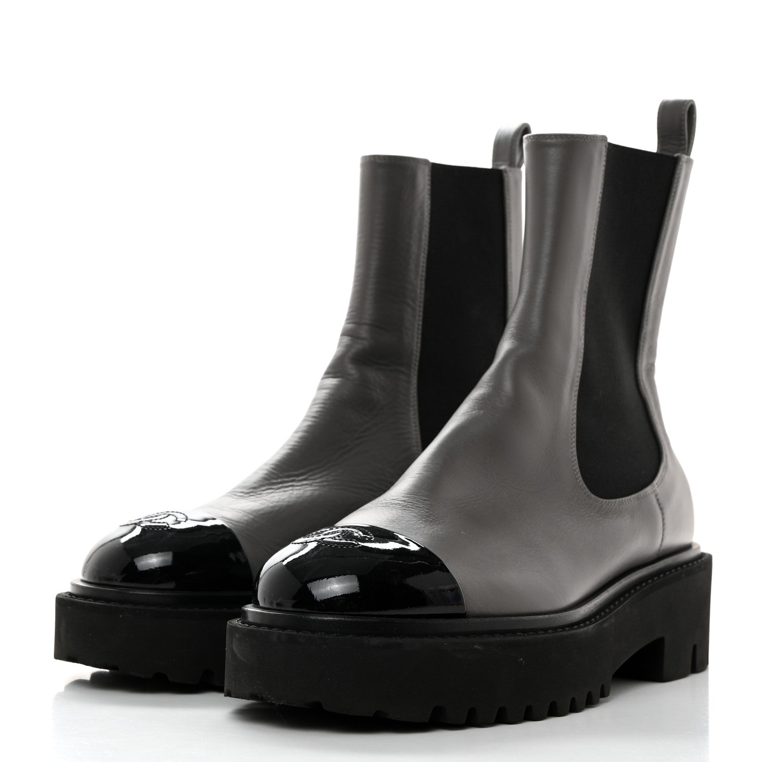Chanel Crumpled Calfskin Patent Cap Toe Short Boots 38 Dark Grey Black 3 of 9