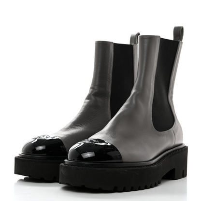 Chanel Crumpled Calfskin Patent Cap Toe Short Boots 38 Dark Grey Black 3 of 9