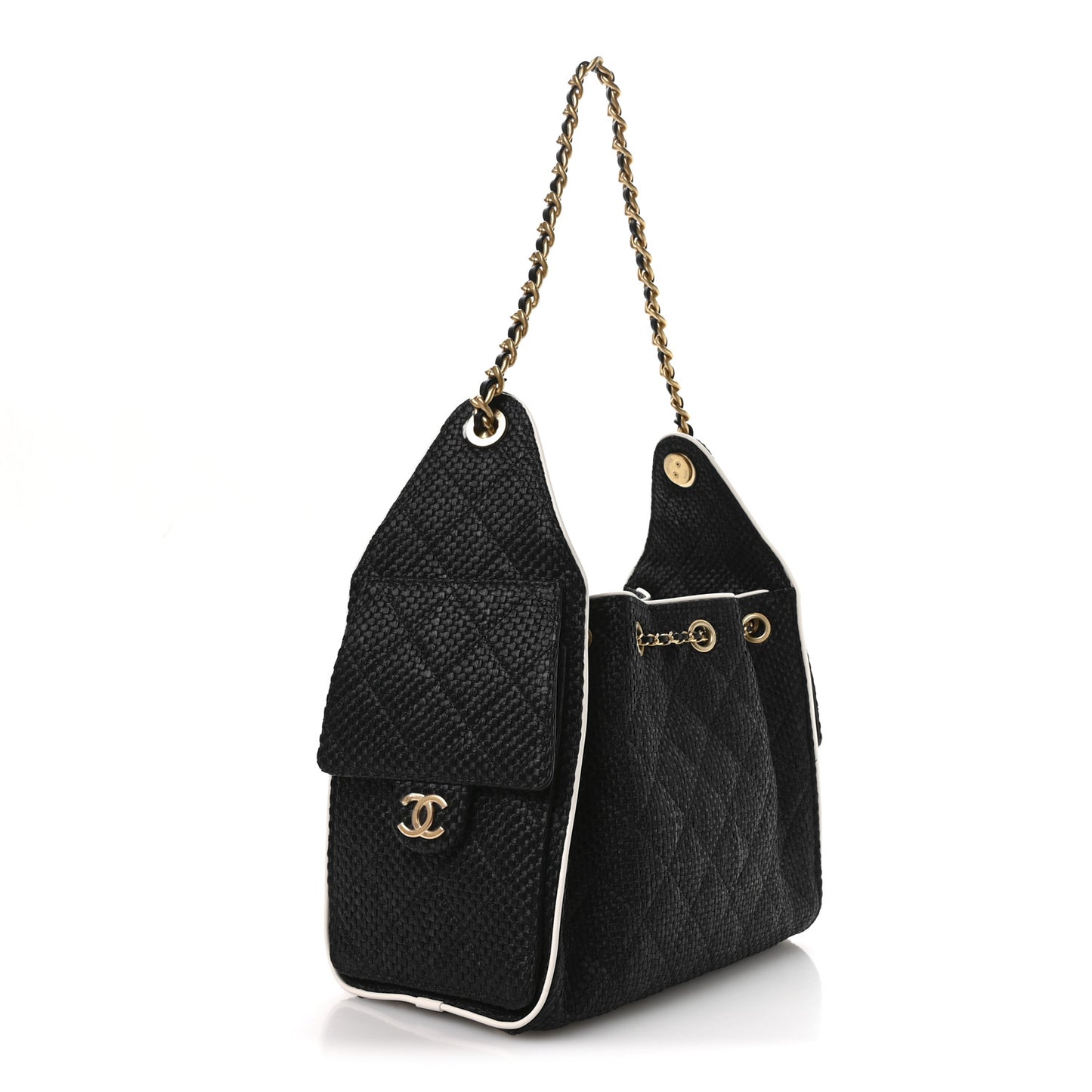Braided Raffia Calfskin Small Chanel 25 Handbag Black White