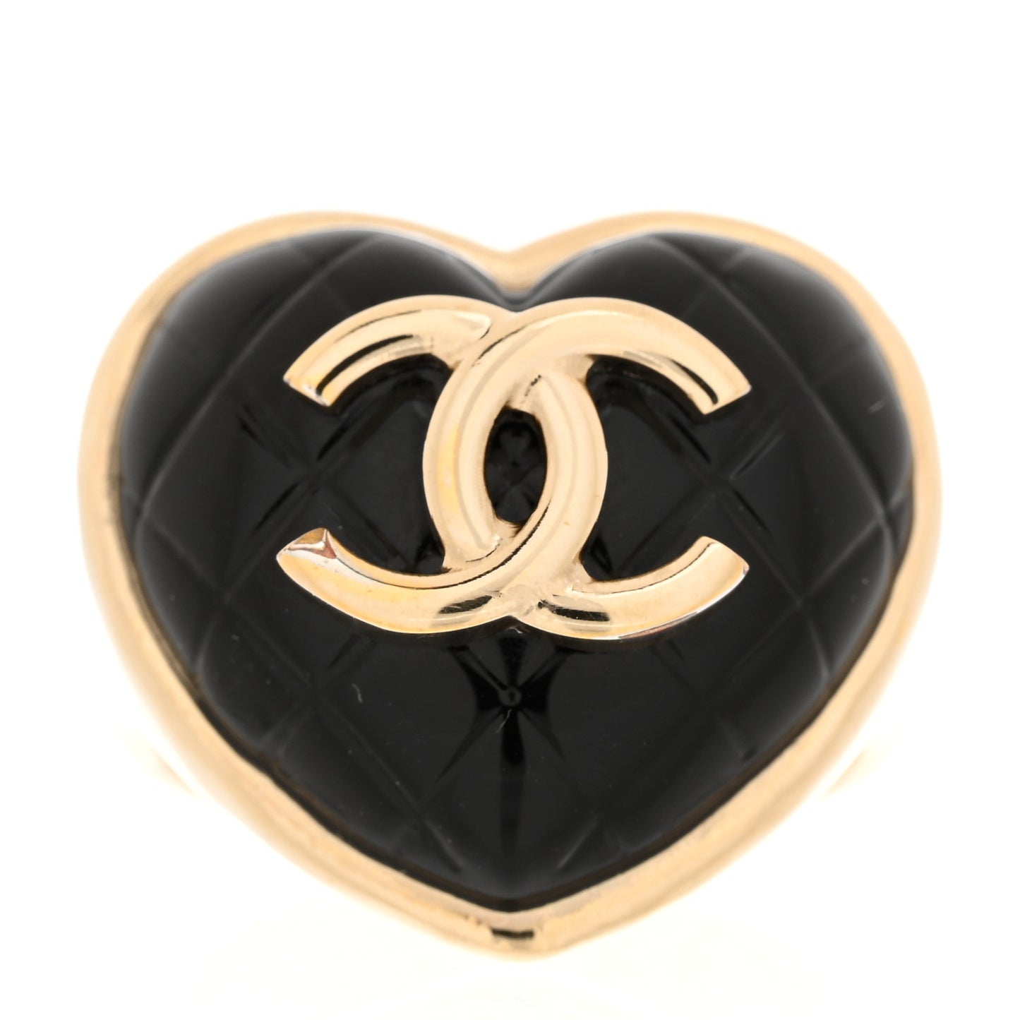 Resin Quilted CC Heart Ring 53 6.25 Gold Black