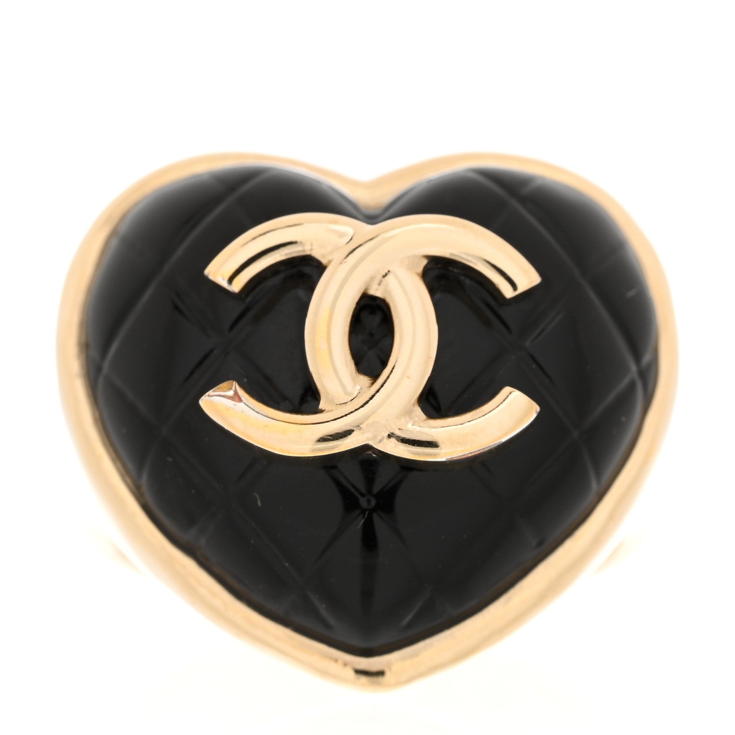 Chanel Resin Quilted CC Heart Ring 53 6.25 Gold Black 1 of 5