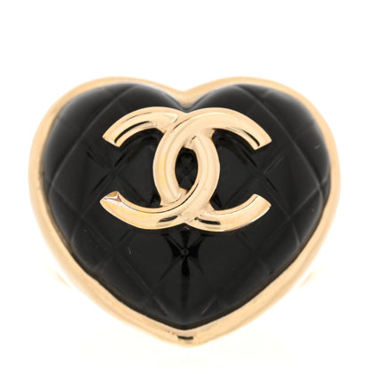 Chanel Resin Quilted CC Heart Ring 53 6.25 Gold Black 1 of 5