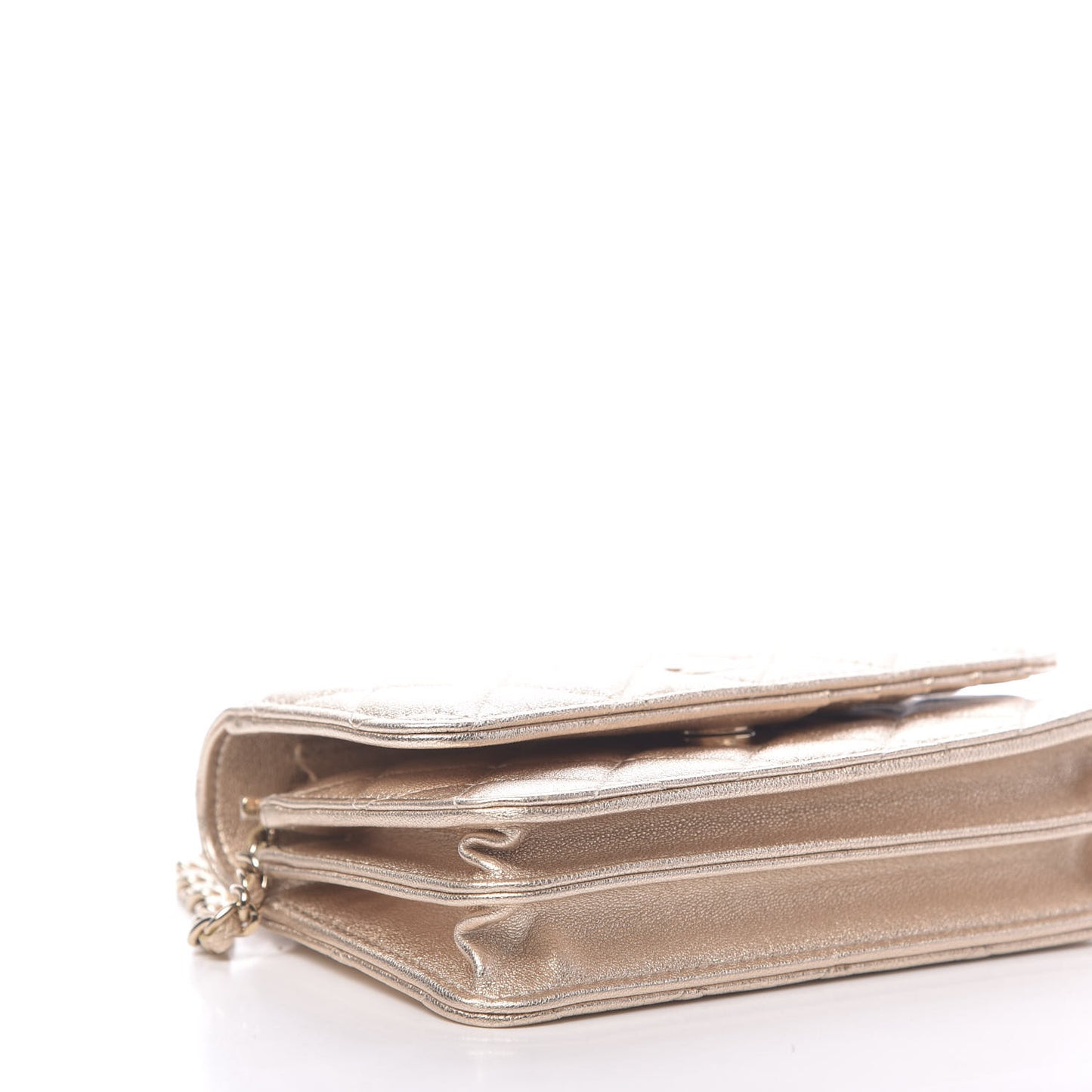 Metallic Lambskin Quilted Mini Wallet On Chain WOC Gold