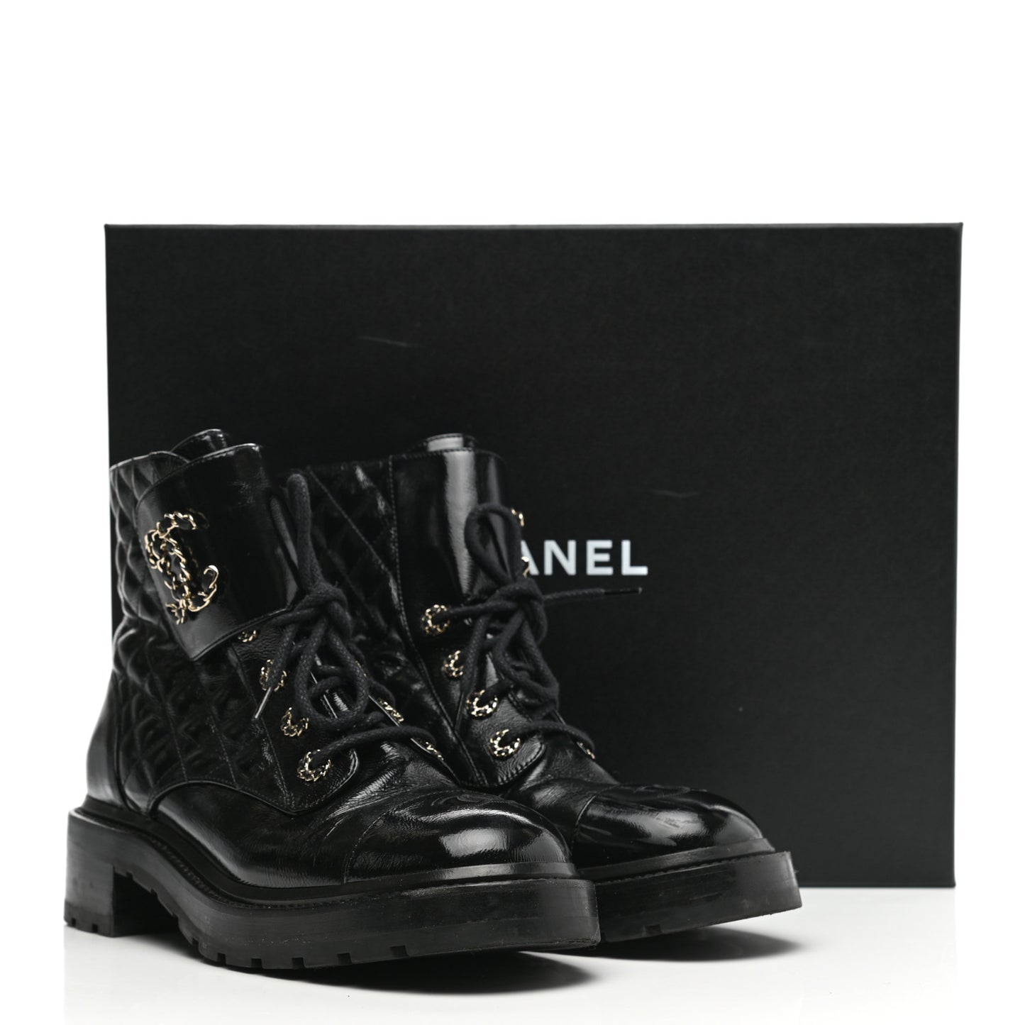 Shiny Calfskin Quilted Lace Up Combat Boots 40.5 Black