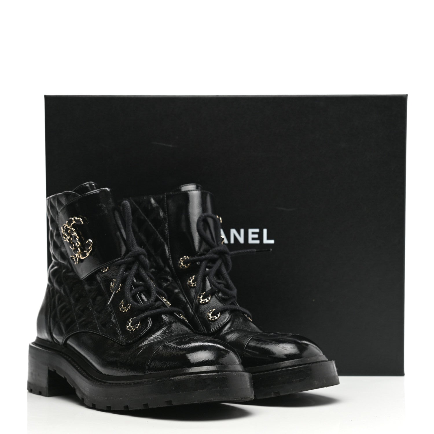 Chanel Shiny Calfskin Quilted Lace Up Combat Boots 40.5 Black 9 of 9