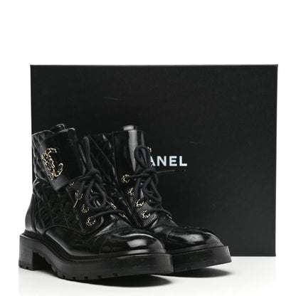 Chanel Shiny Calfskin Quilted Lace Up Combat Boots 40.5 Black 9 of 9