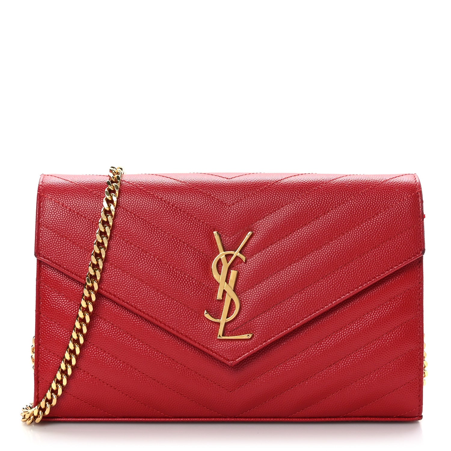 Saint Laurent Grain De Poudre Matelasse Chevron Monogram Chain Wallet New Red 1 of 9
