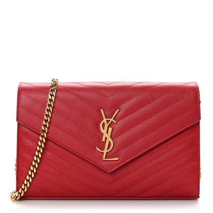 Saint Laurent Grain De Poudre Matelasse Chevron Monogram Chain Wallet New Red 1 of 9
