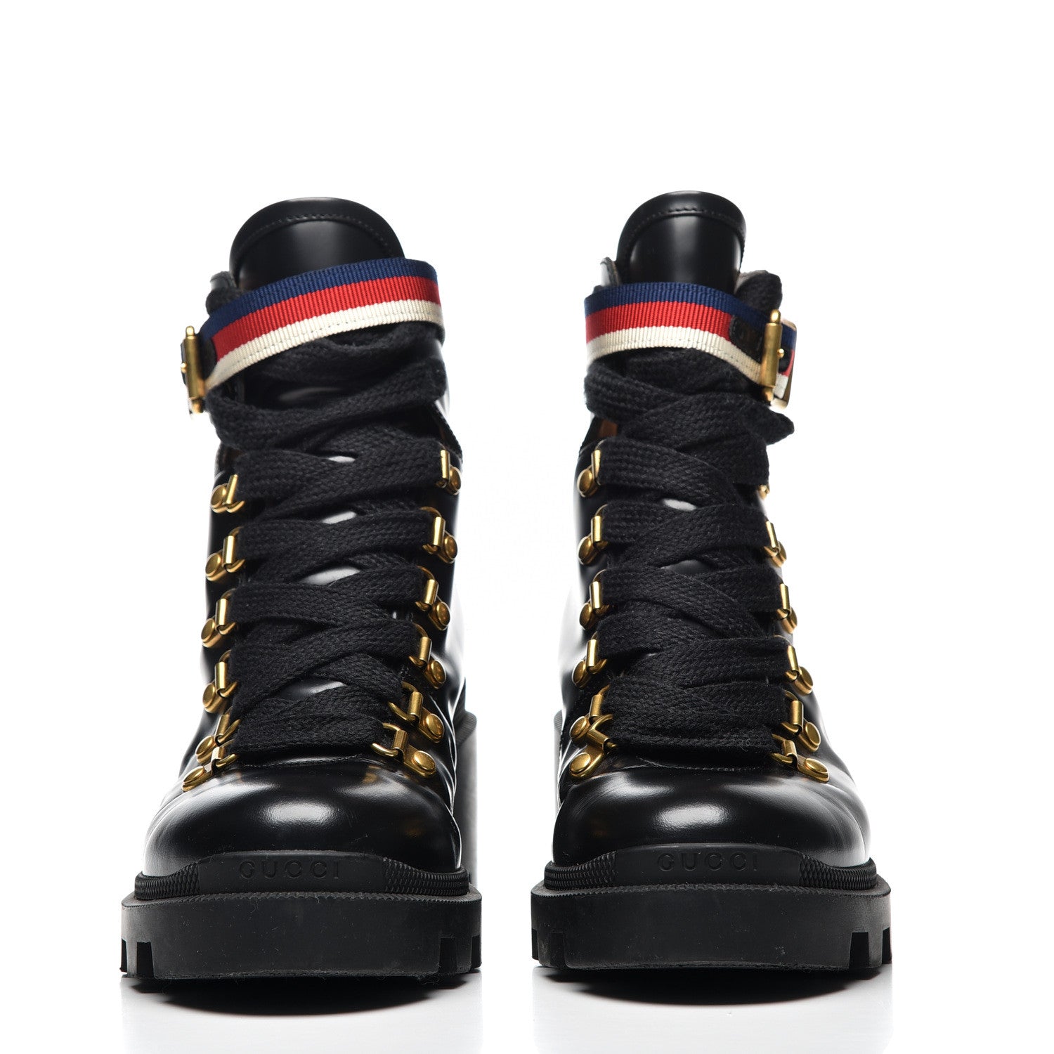 Gucci Calfskin Sylvie Web Womens Lace Up Combat Boots 37.5 Black 3 of 10