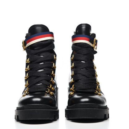 Gucci Calfskin Sylvie Web Womens Lace Up Combat Boots 37.5 Black 3 of 10