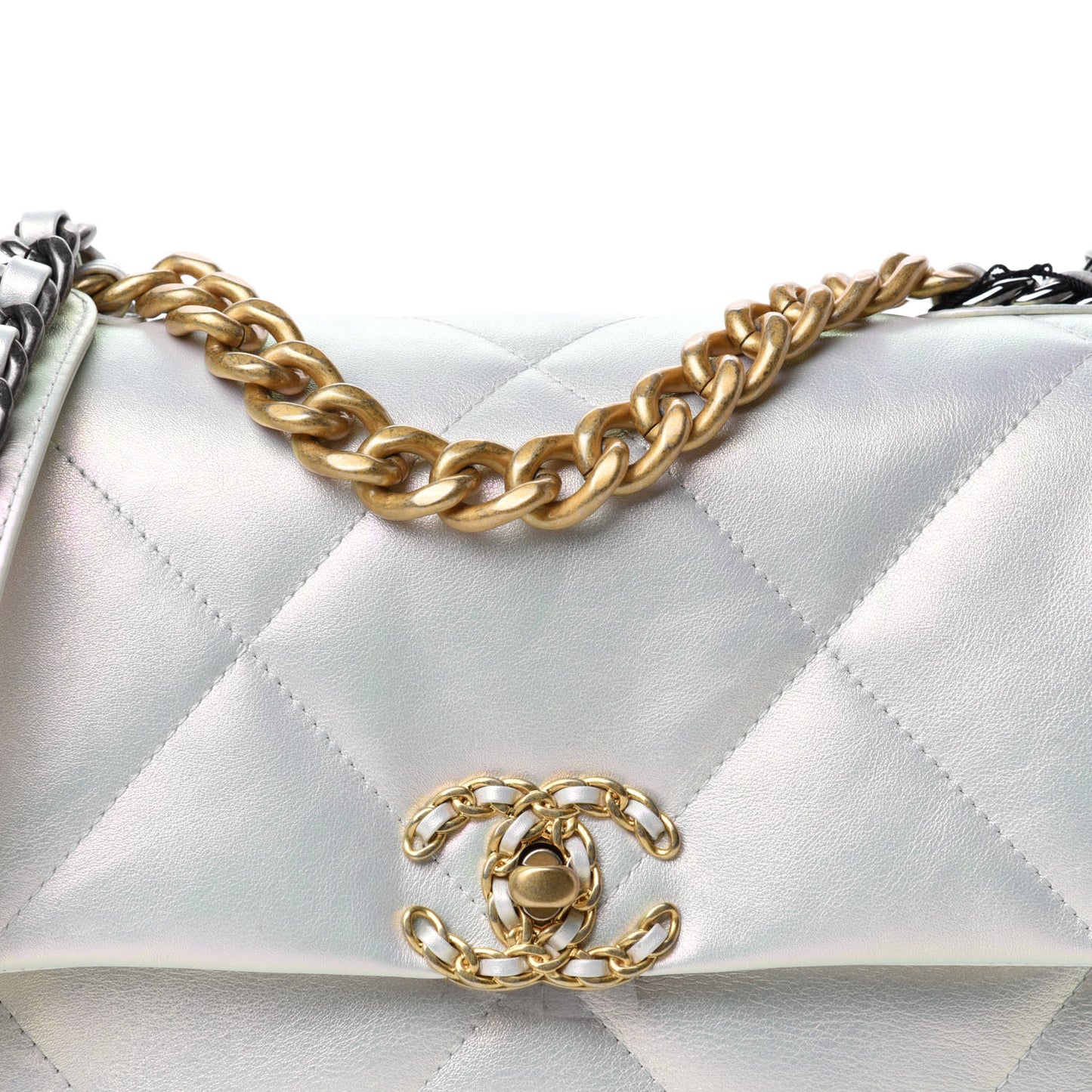 Iridescent Calfskin Quilted Medium 19 Flap White