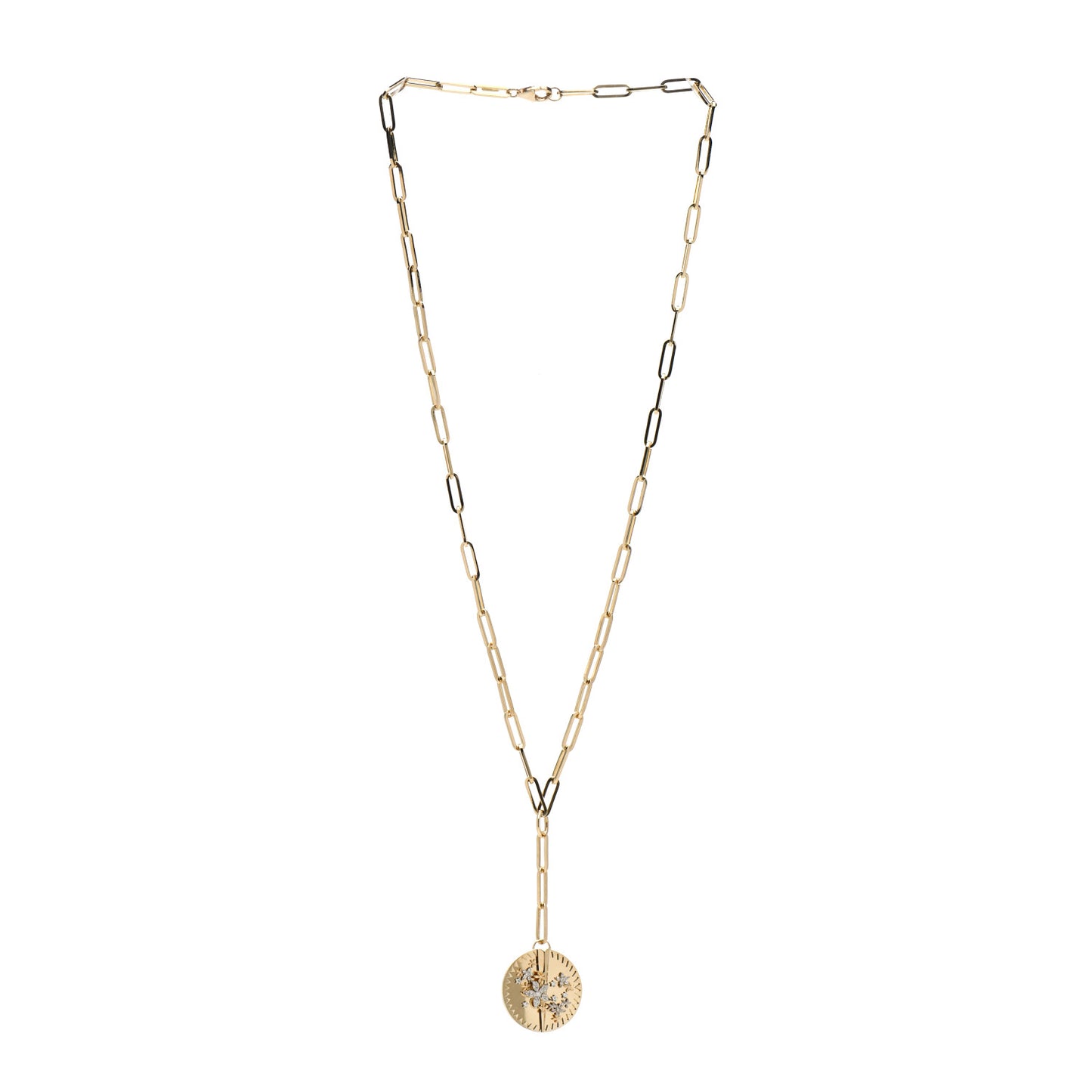 18K Yellow Gold Diamond Large Blossoms Medallion Classic Fob Chain Necklace