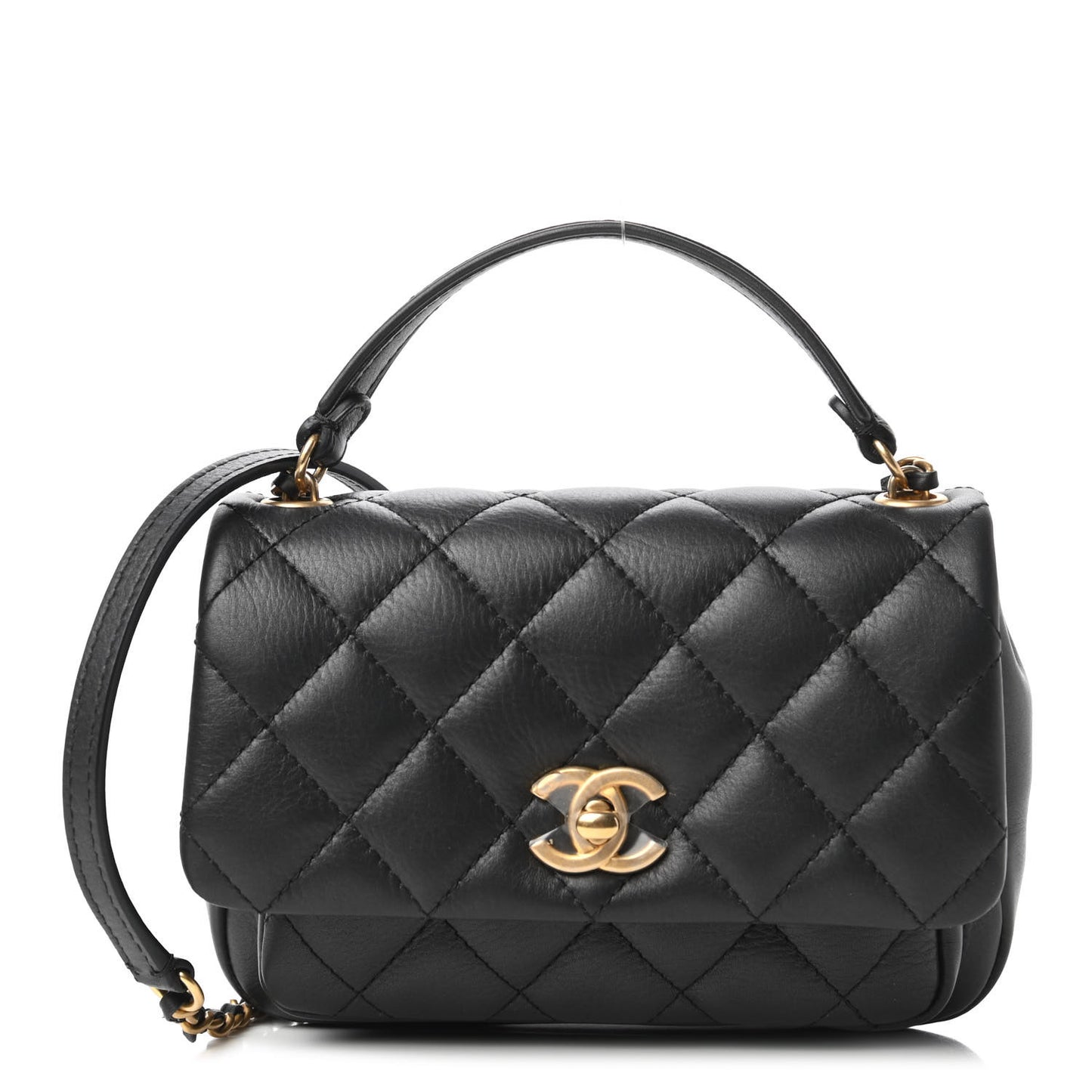 Calfskin Quilted Top Handle Flap Black